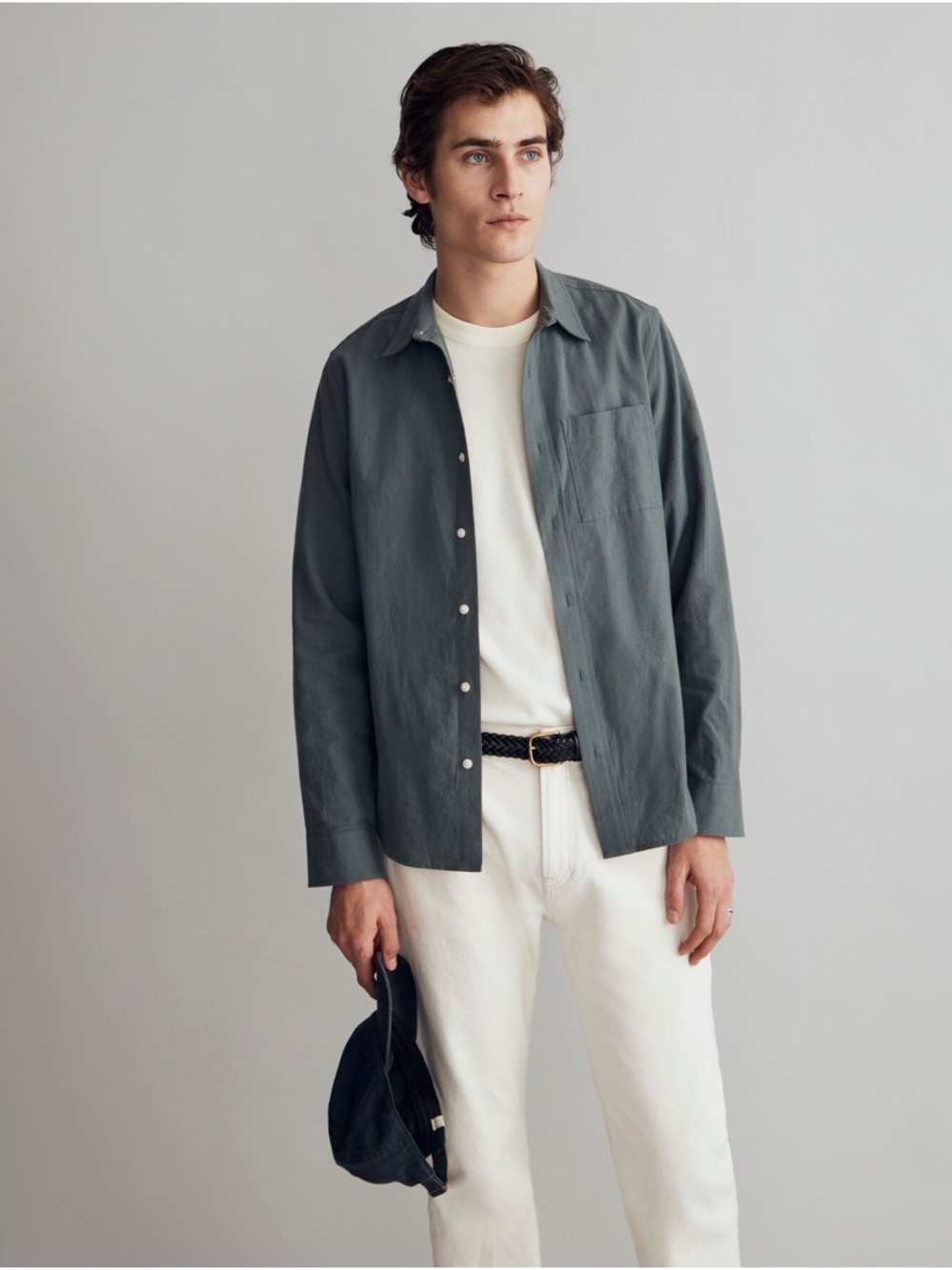 Madewell Mens Crinkle Cotton Perfect Long-Sleeve Shirt in Architect Green - Picture 5 of 12